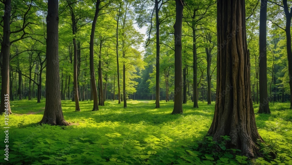Lush green forest with sunlit tree trunks and vibrant undergrowth creating a serene natural environment on a bright sunny day. Lush green forest with sunlit tree trunks and vibrant undergrowth creating a serene natural environment on a bright sunny day.