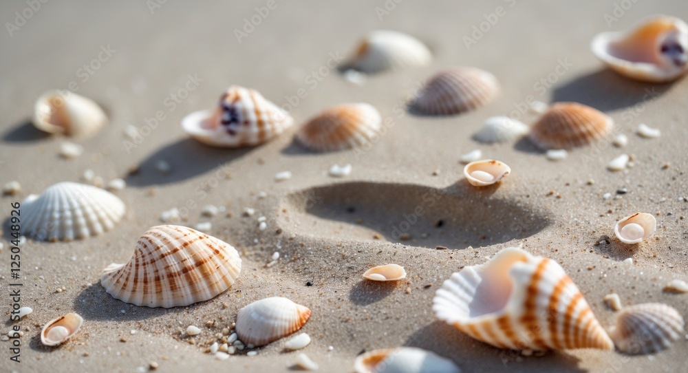 Close-Up View of Sandy Beach Featuring Delicate Seashells and a Subtle Footprint Showcasing the Natural Beauty of Coastal Landscapes Close-Up View of Sandy Beach Featuring Delicate Seashells and a Subtle Footprint Showcasing the Natural Beauty of Coastal Landscapes
