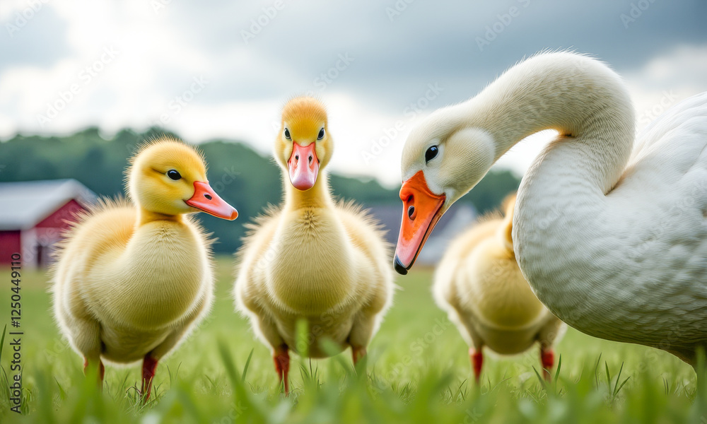 Three baby ducks are standing in a field Three baby ducks are standing in a field