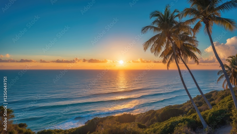 Coastal sunset with bright sun over ocean horizon, swaying palm trees, and clear blue sky providing ample room for text display. Coastal sunset with bright sun over ocean horizon, swaying palm trees, and clear blue sky providing ample room for text display.