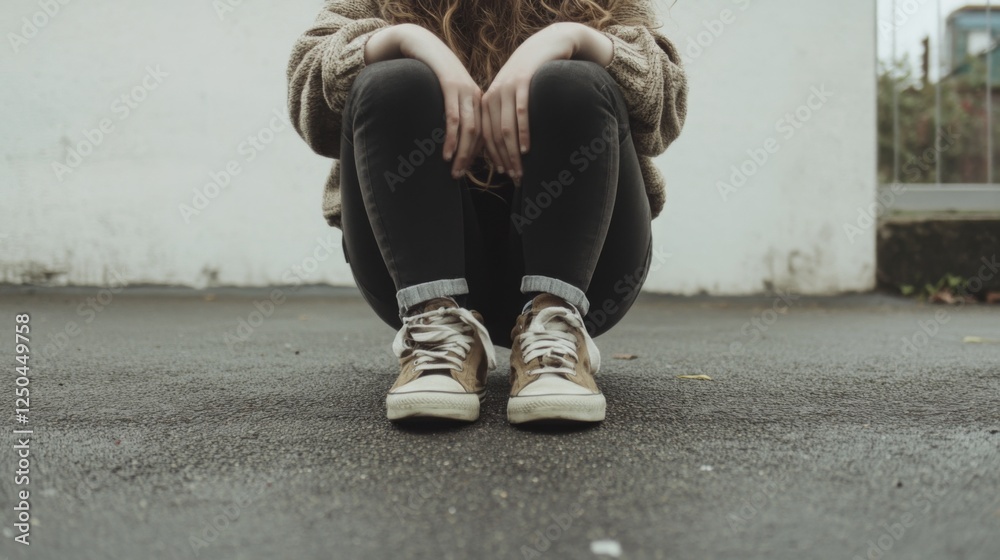 Woman sits on pavement, urban background, thoughtful pose, mental health Woman sits on pavement, urban background, thoughtful pose, mental health