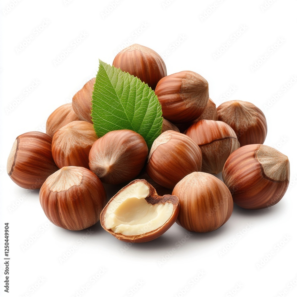Fresh Hazelnuts with Shells and a Green Leaf on a Solid Background for Food and Culinary Use