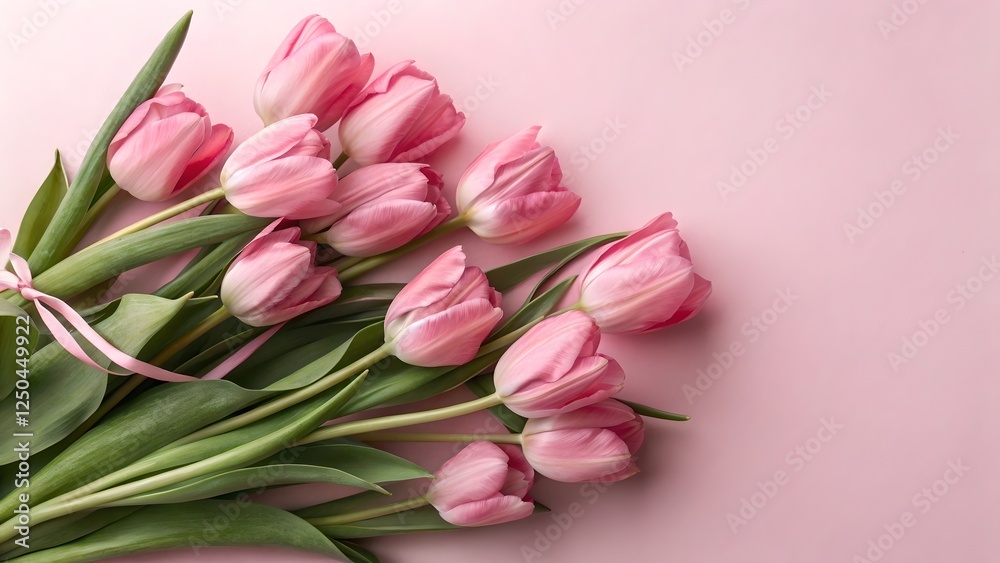 Pink Tulips Bouquet on Pastel Pink Background Pink Tulips Bouquet on Pastel Pink Background