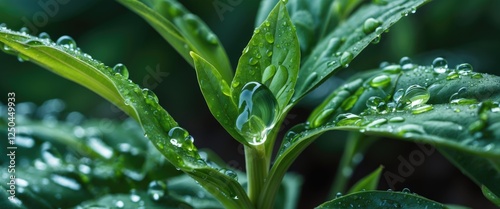Close-up of lush green plant leaves adorned with glistening water droplets showcasing nature's freshness and vitality. photo