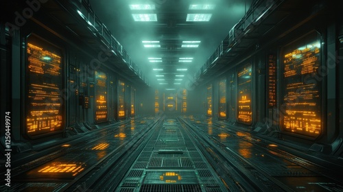Futuristic spaceship corridor, glowing panels,  cyberpunk atmosphere, science fiction background