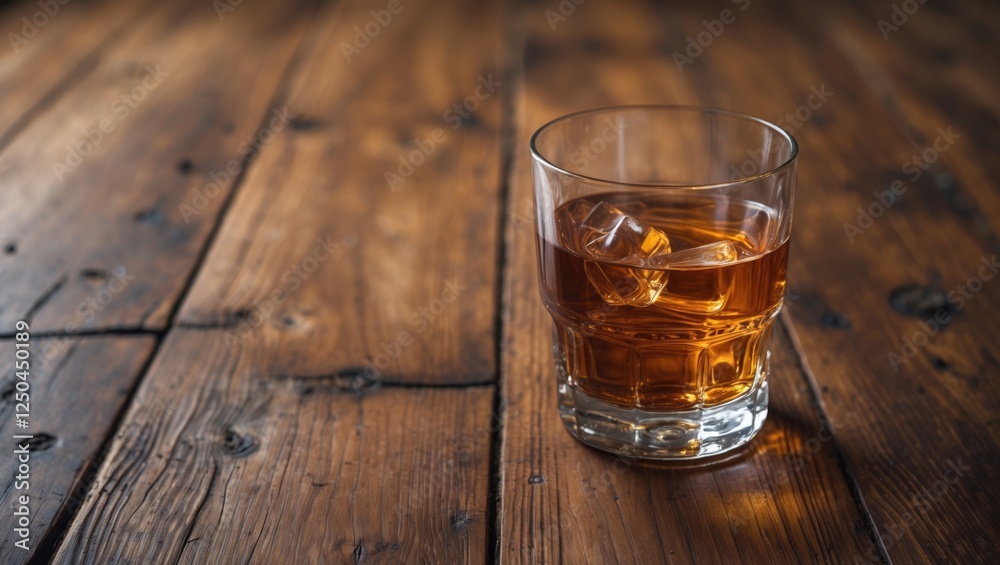 Whiskey glass with ice on rustic wooden floor capturing warmth and elegance of distilled spirits in a cozy setting Whiskey glass with ice on rustic wooden floor capturing warmth and elegance of distilled spirits in a cozy setting
