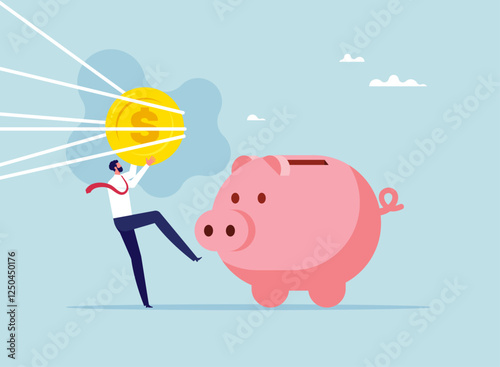 Investing or saving difficulty, full effort businessman putting coin in piggy bank, money savings