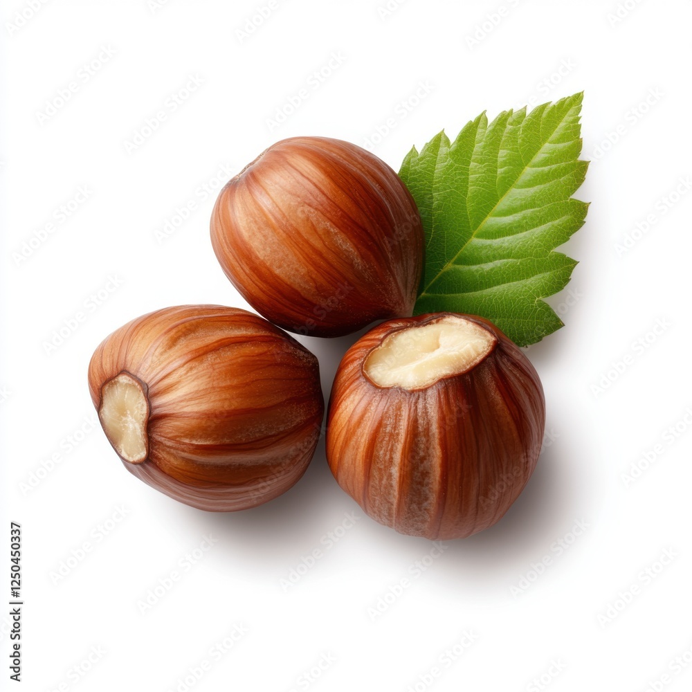 Fresh Hazelnuts with Green Leaf Isolated on White Background for Culinary and Nutritional Use Fresh Hazelnuts with Green Leaf Isolated on White Background for Culinary and Nutritional Use
