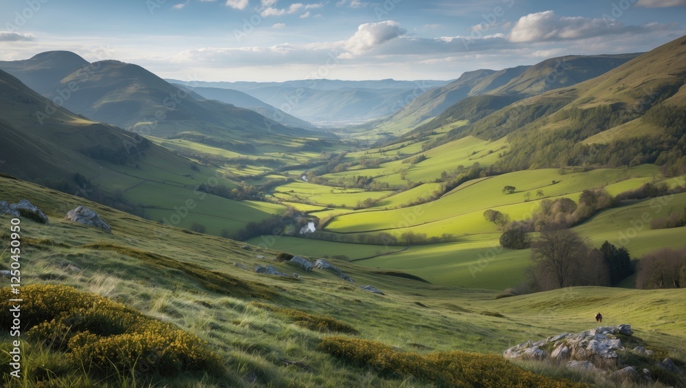 Fototapeta premium Breathtaking panoramic view of a lush green valley surrounded by rolling hills under a serene sky showcasing nature's beauty and tranquility.