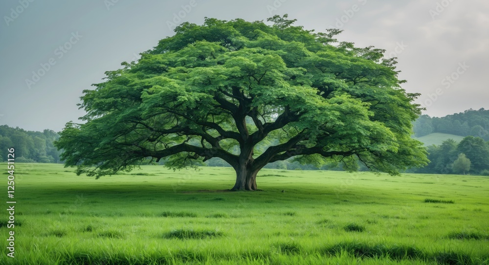 Fototapeta premium Lush Green Tree on Vibrant Meadow with Expansive Space for Text and Design Elements Ideal for Nature and Outdoor Themes