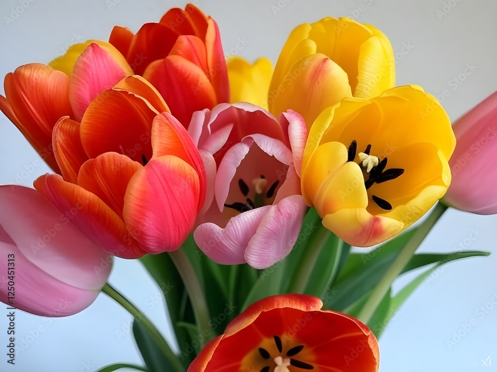 A vibrant bouquet of tulip flowers in full bloom, showcasing a mix of yellow, red, and pink colors A vibrant bouquet of tulip flowers in full bloom, showcasing a mix of yellow, red, and pink colors