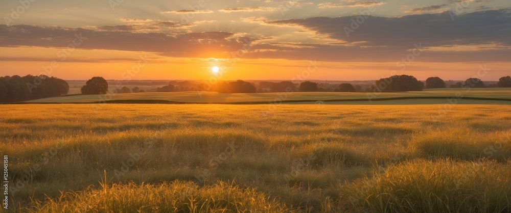 Fototapeta premium Golden Pasture at Sunset with High Grass Illuminated by the Setting Sun and Ample Copy Space for Text or Design Elements