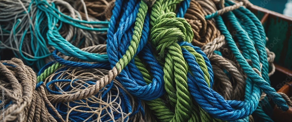 A vibrant assortment of nylon fishing ropes in blue and green hues, essential for shellfish pot collection in a bustling harbor setting. A vibrant assortment of nylon fishing ropes in blue and green hues, essential for shellfish pot collection in a bustling harbor setting.