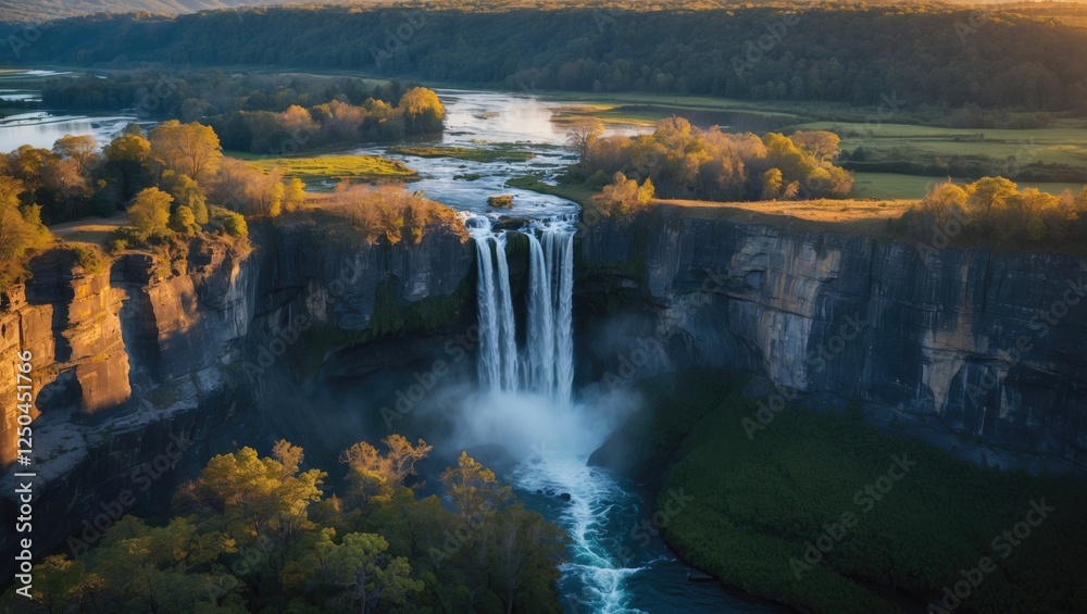 Fototapeta premium Majestic Aerial View of a Serene Waterfall Cascading Over Cliffs Surrounded by Lush Greenery at Sunset