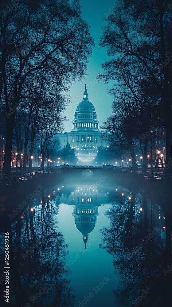 Obraz premium Misty Capitol Reflection at Night