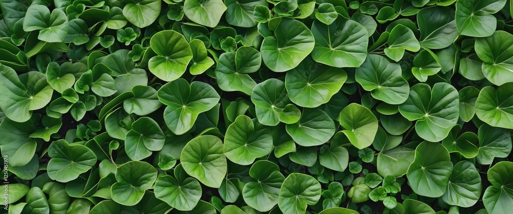 Vibrant green groundcover with heart-shaped glossy leaves forming a dense and uniform pattern ideal for landscaping and botanical designs. Vibrant green groundcover with heart-shaped glossy leaves forming a dense and uniform pattern ideal for landscaping and botanical designs.
