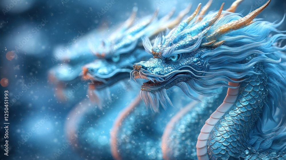 Three blue dragons, winter scene, mythical creatures, Asian art, decorative Three blue dragons, winter scene, mythical creatures, Asian art, decorative