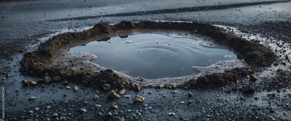 Puddle on asphalt road surrounded by dirt and pebbles reflecting the sky in an urban environment after rainfall.