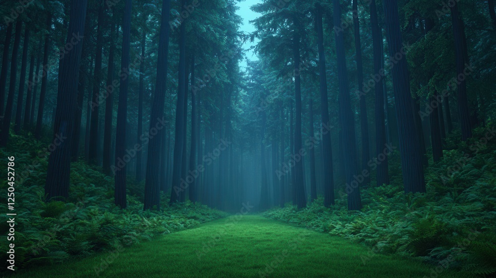 Fototapeta premium Mysterious forest pathway enchanted woods landscape tranquil environment misty viewpoint