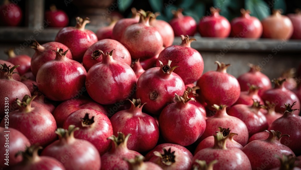 Vibrant close-up of a heap of ripe red pomegranates showcasing their natural texture and rich colors in a rustic setting. Vibrant close-up of a heap of ripe red pomegranates showcasing their natural texture and rich colors in a rustic setting.