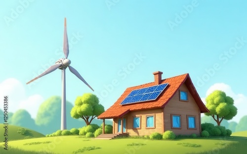 Eco-Friendly House with Solar Panels and Wind Turbine Landscape