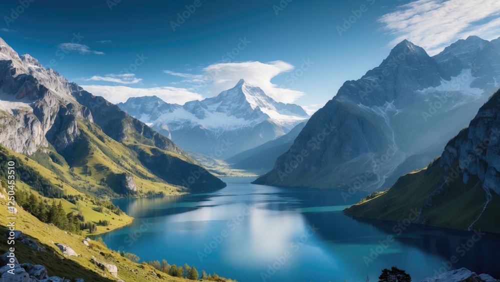Majestic Mountain Landscape with Serene Lake and Snow-Capped Peaks Under Clear Blue Sky Majestic Mountain Landscape with Serene Lake and Snow-Capped Peaks Under Clear Blue Sky