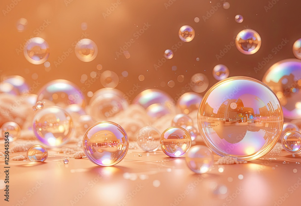 Fototapeta premium A Composition of Sparkling, Transparent Bubbles in a Pastel Peach Setting, Perfect for Skincare Products