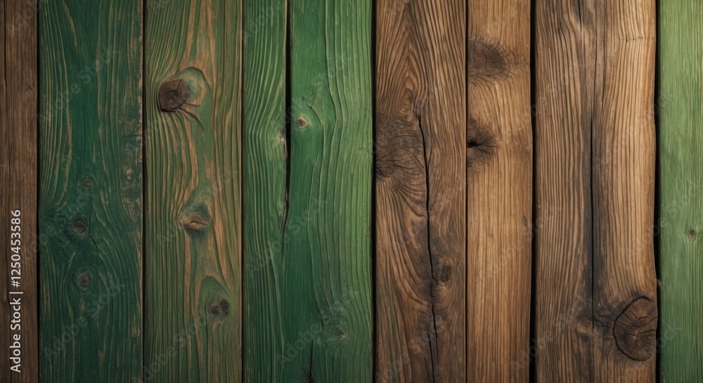 Naklejka premium Vintage wooden planks with green and brown hues showcasing natural textures and patterns ideal for wallpaper and interior design applications.