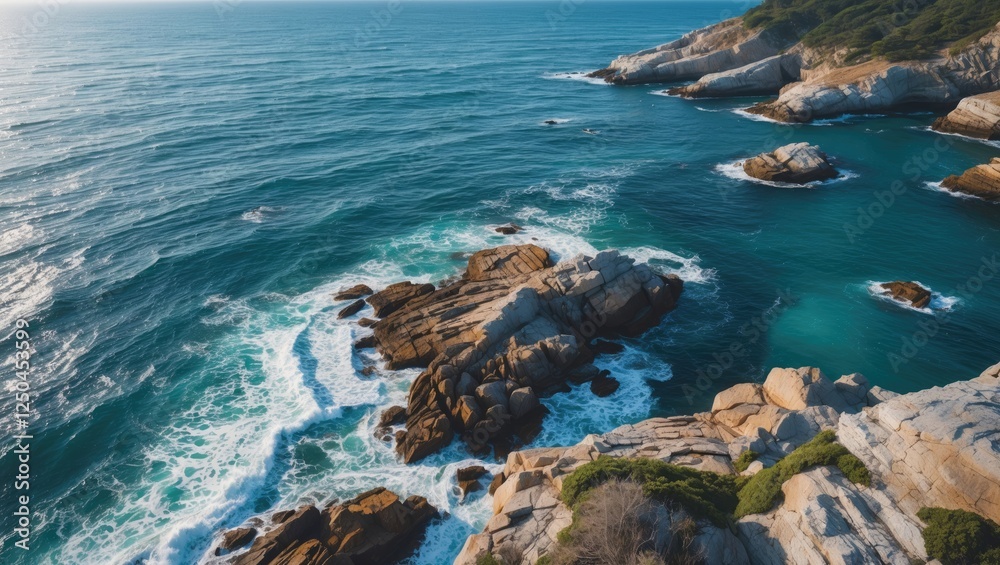 Aerial View of Rocky Seaside and Turquoise Ocean Waves with Space for Text Overlay Aerial View of Rocky Seaside and Turquoise Ocean Waves with Space for Text Overlay
