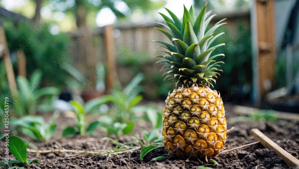 Growing Pineapple in a Backyard Garden Surrounded by Lush Greenery and Empty Space for Text Growing Pineapple in a Backyard Garden Surrounded by Lush Greenery and Empty Space for Text