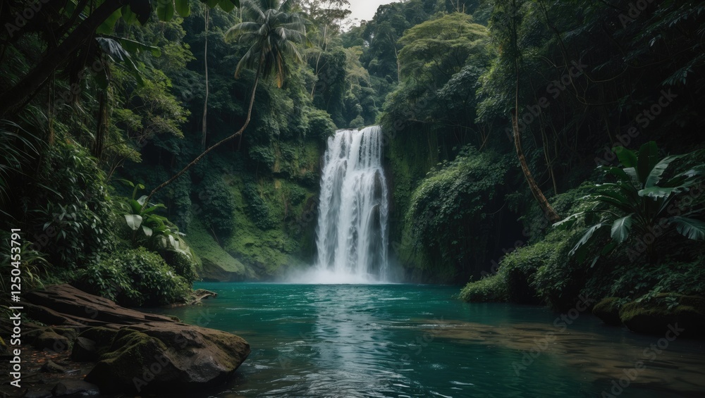 Naklejka premium Serene Waterfall Surrounded by Lush Jungle Vegetation and Crystal Clear Pool