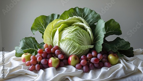 Elegant still life of savoy cabbage, red grapes, and crab apples on white fabric with soft lighting showcasing natural textures and colors.