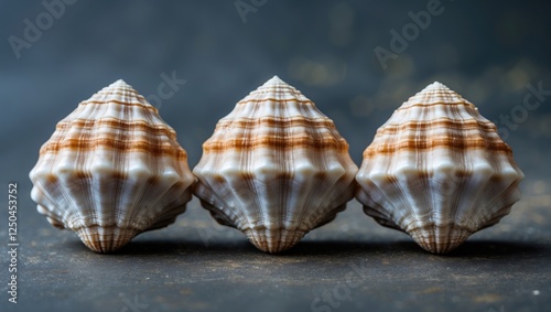 Three unique whelk shells arranged in a row on a textured surface with empty space for creative text overlay.