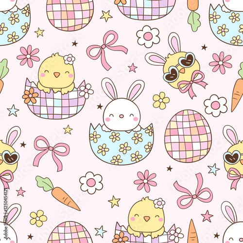 Hand drawn groovy easter seamless pattern Pastel spring Printable for fabric Plant background