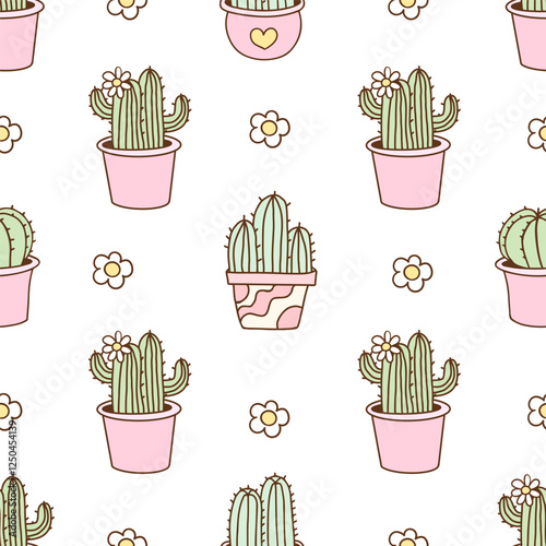 Hand drawn seamless pattern cactus with flower Printable for fabric Plant background