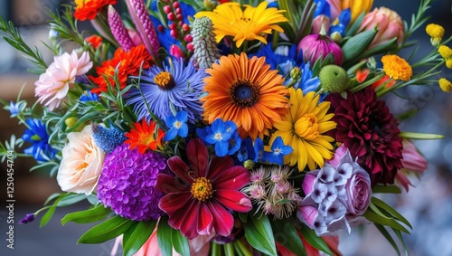 A vibrant and colorful bouquet featuring diverse flowers showcasing the beauty and richness of nature in a stunning arrangement. photo