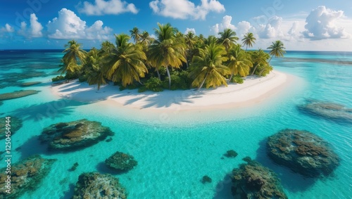 Aerial view of a secluded tropical island paradise with palm trees surrounded by crystal-clear turquoise waters and coral reefs.