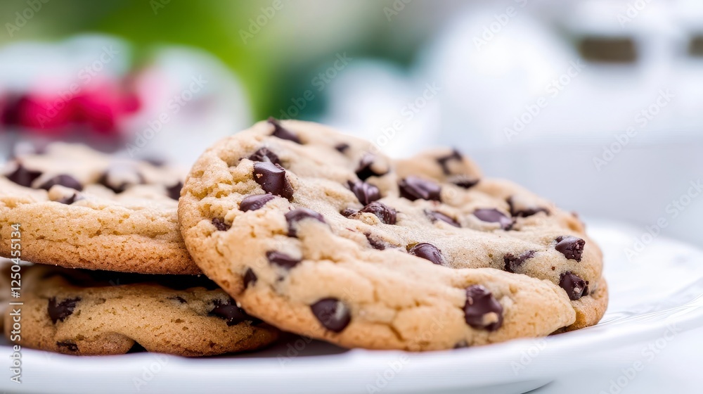 Three Golden Brown Chocolate Chip Cookies On White Plate