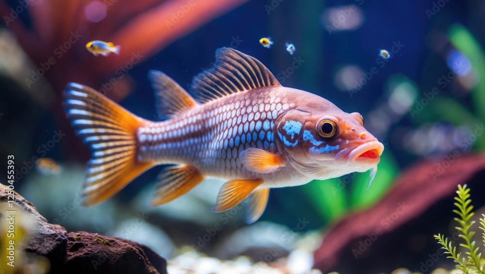 Fototapeta premium Vibrant freshwater aquarium showcasing a colorful fish with distinctive markings swimming among aquatic plants and a serene environment.