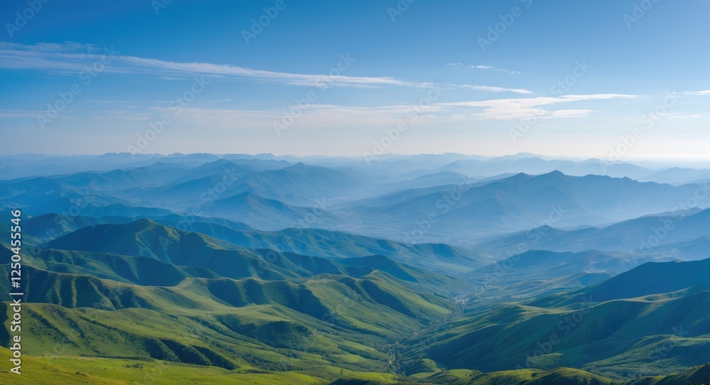 Majestic mountain range under a clear blue sky showcasing tranquil green hills, creating a serene and peaceful outdoor landscape. Majestic mountain range under a clear blue sky showcasing tranquil green hills, creating a serene and peaceful outdoor landscape.