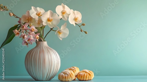 Angular elmwood vase holding orchids near flaky puff biscuits on a pastel teal background photo