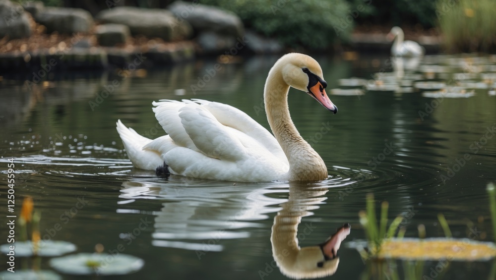 Fototapeta premium Elegant Mute Swan Gracefully Swimming in Serene Pond Surrounded by Lush Greenery and Lily Pads