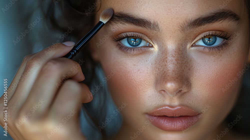 A woman applies mascara on her eyelashes to create a glamorous look A woman applies mascara on her eyelashes to create a glamorous look