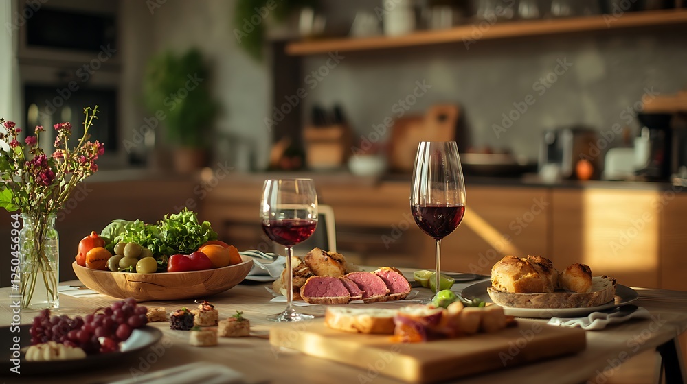 Appetizing items are placed on a table in a contemporary the kitchen including a toast Appetizing items are placed on a table in a contemporary the kitchen including a toast