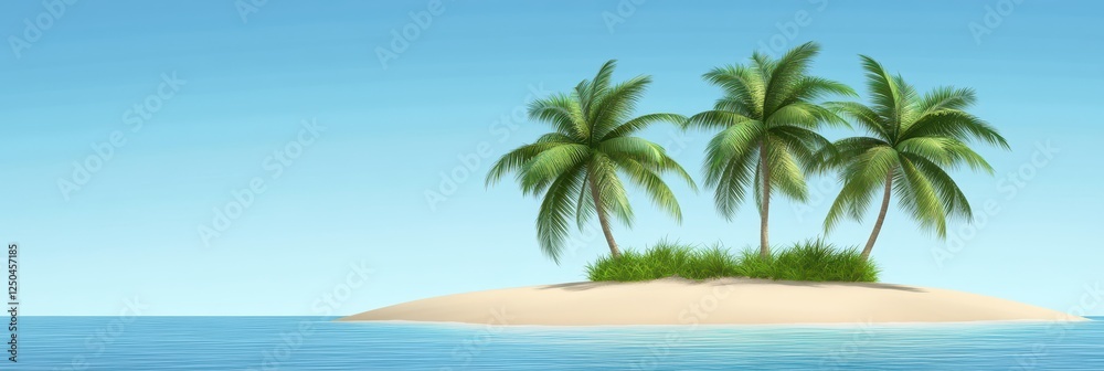 A secluded tropical island features three tall palm trees and lush grass on the sandy shore. The calm ocean reflects the bright blue sky, creating a serene atmosphere A secluded tropical island features three tall palm trees and lush grass on the sandy shore. The calm ocean reflects the bright blue sky, creating a serene atmosphere