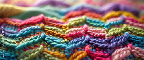Vibrant closeup of intricate crochet pattern showcasing colorful wool yarn textures and craftsmanship in a warm, handmade textile design.