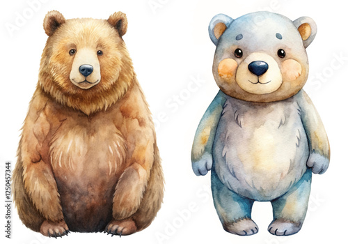 Cute watercolor bears, realistic animal illustration, adorable cartoon style, children's book art, nature-themed design.