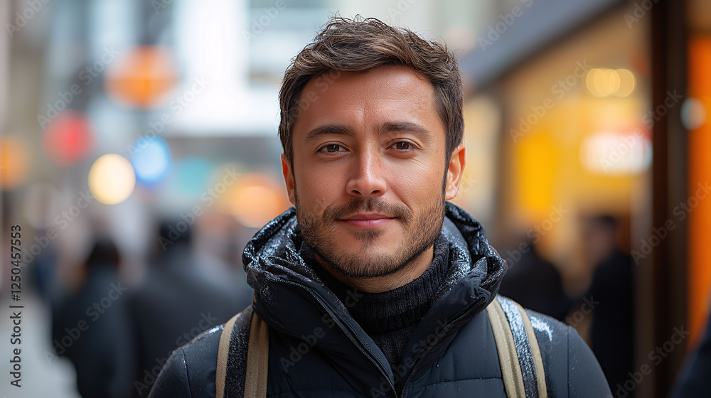 Fototapeta premium A smiling handsome young man in a lively urban setting