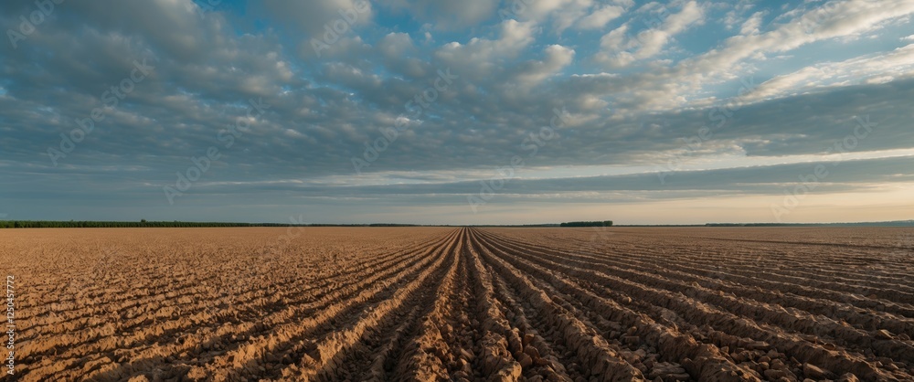 Naklejka premium Expansive plowed farmland under a dramatic cloudy sky highlighting agricultural preparation and rural landscape tranquility
