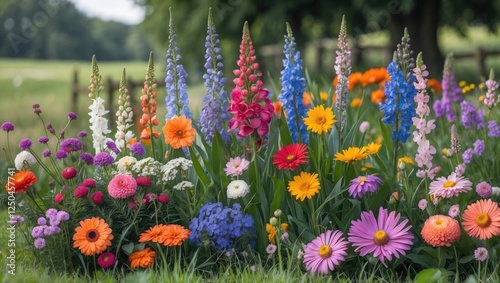 Vibrant display of diverse flowers in a lush UK country park showcasing a colorful array of blooms in natural sunlight. photo